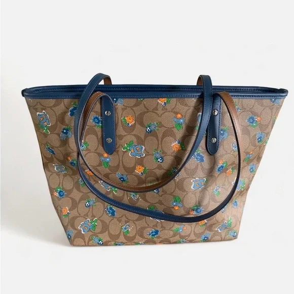 Coach City Tote in Brown Signature Floral with Blue Trim - Picture 3 of 8